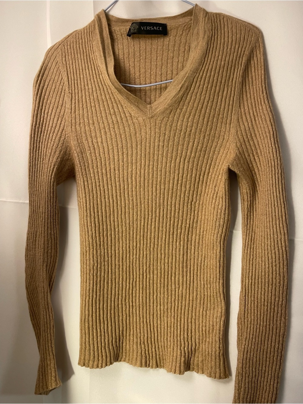 Versace Camel Ribbed Long-Sleeve V-Neck Sweater